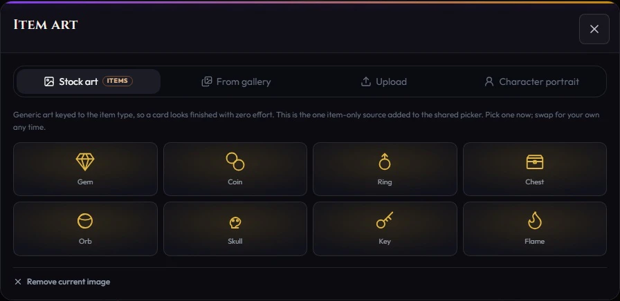 The actual item image picker showing stock symbols for the selected item type.