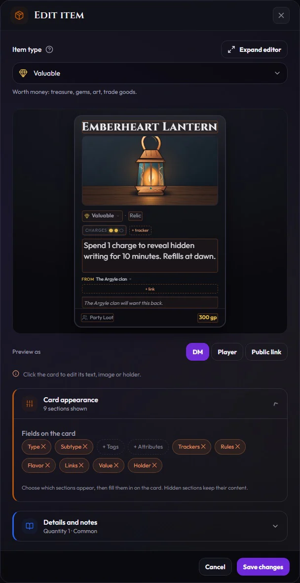 The current item editor with the Emberheart Lantern, item type, direct card editing and expanded Card appearance controls.