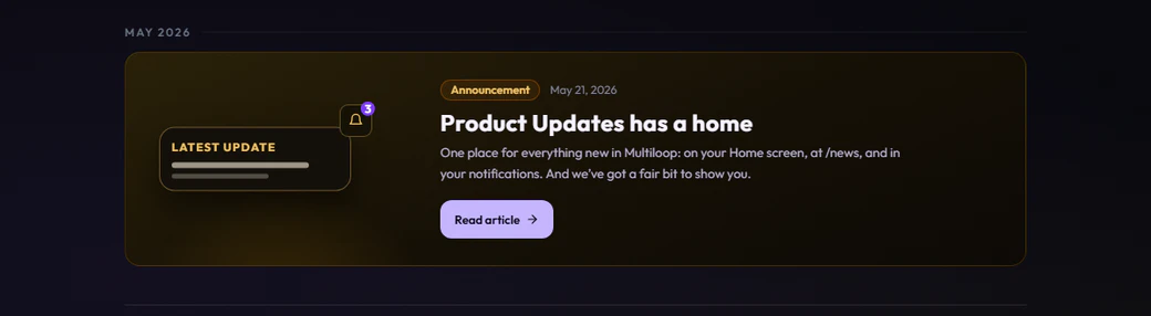 The Product Updates has a home announcement card in the Product Updates archive.