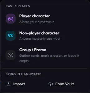 The add-to-board menu with Import and From Vault options.