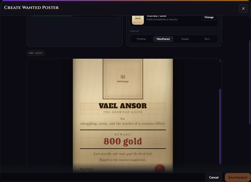 Building a Wanted poster in the handout editor.