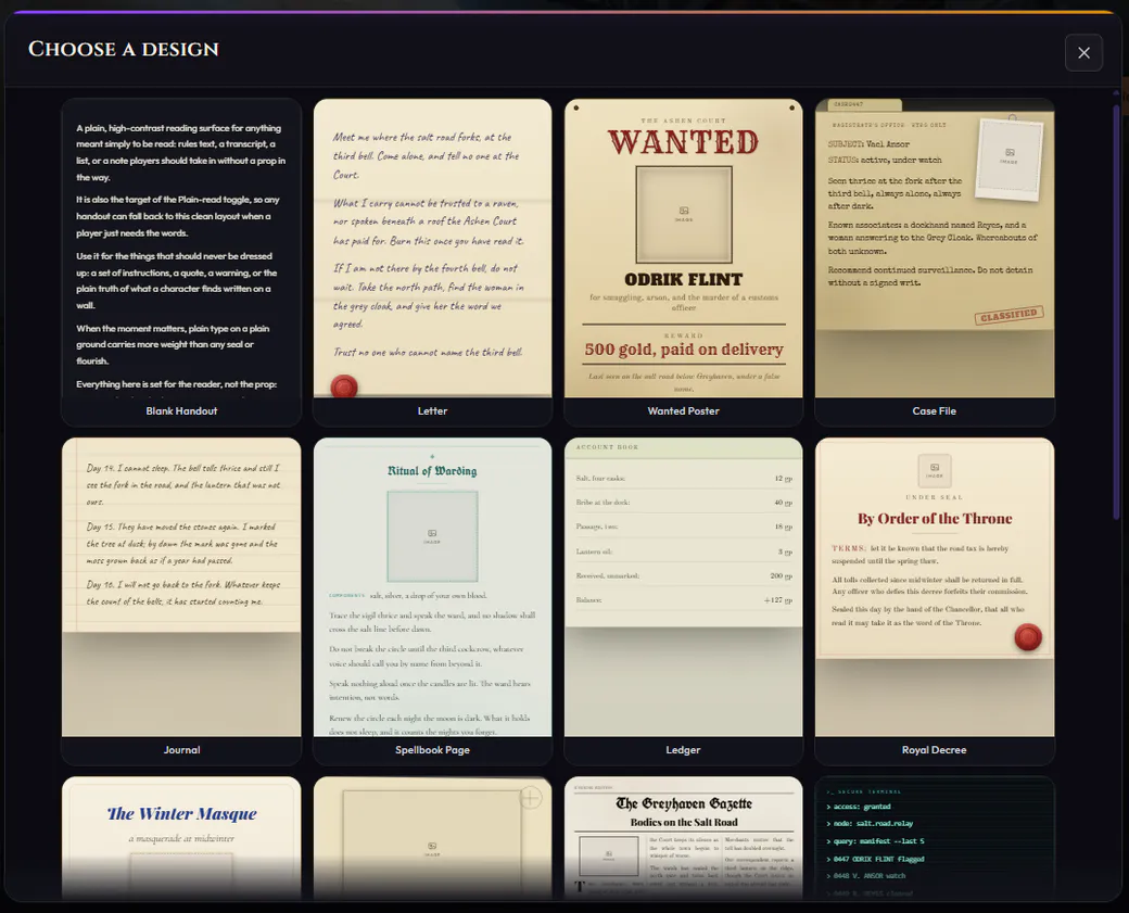 The handout design gallery of rendered props.