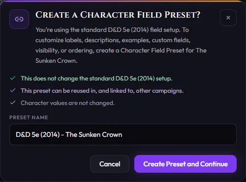 The account-owned character field presets.