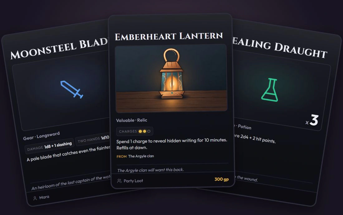 Three real Inventory card renders: Moonsteel Blade with damage and owner, Emberheart Lantern with charge pips and value, and three Healing Draughts.