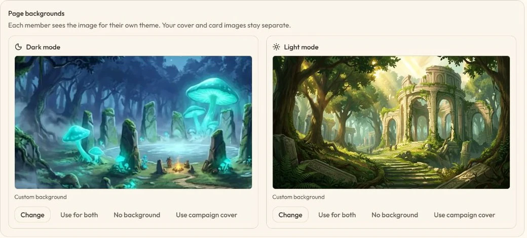 The working campaign background settings, with a moonlit grove for Dark mode and sunlit ruins for Light mode.