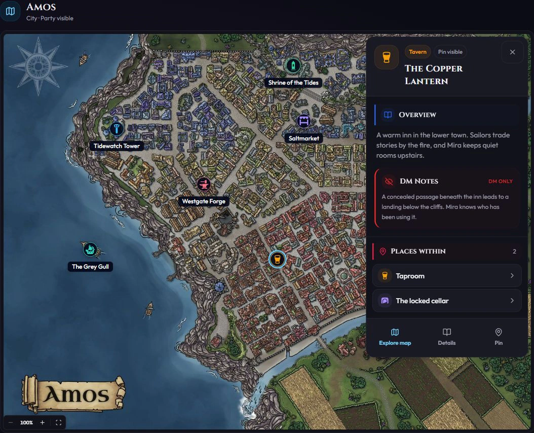 Six coloured Locations on Amos, including a boat off the coast, with the Copper Lantern selected, its nested Taproom and locked cellar, and the Explore map action.
