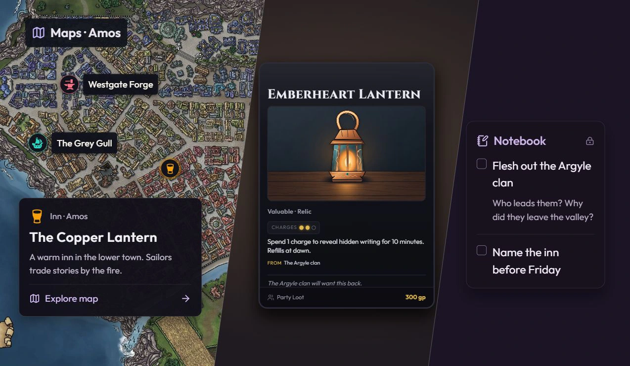 Three diagonal sections show the Amos map, Emberheart Lantern item card and private Notebook reminders.