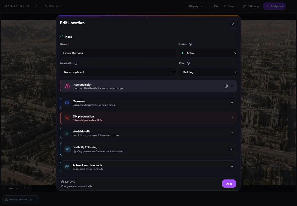 The Location editor with name and status aligned and optional sections grouped below.