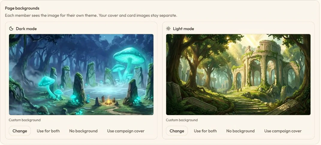 The working campaign background settings, with a moonlit grove for Dark mode and sunlit ruins for Light mode.