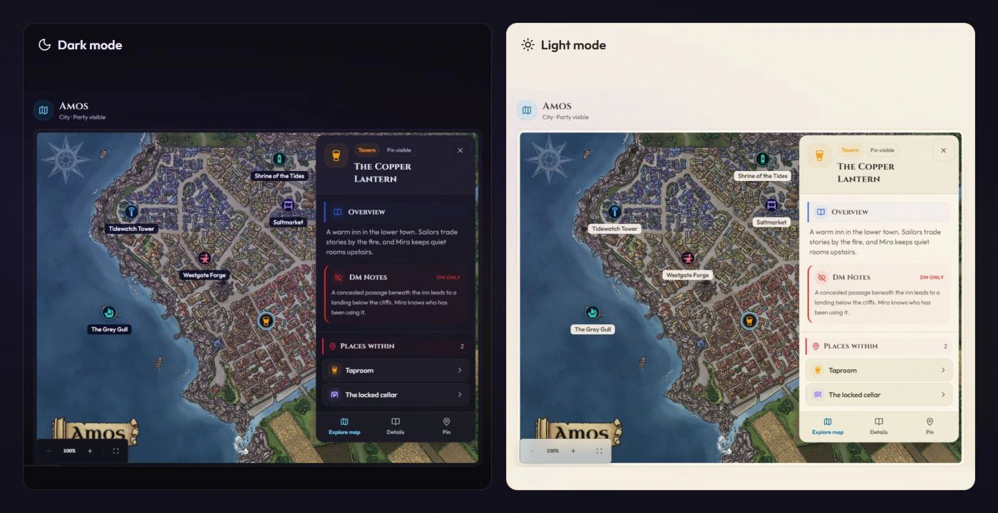 The same map and selected Location shown side by side in Dark and Light mode.